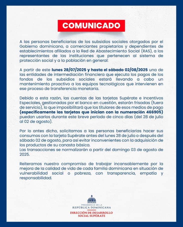 “Comunicado publicado por el Programa Supérate”